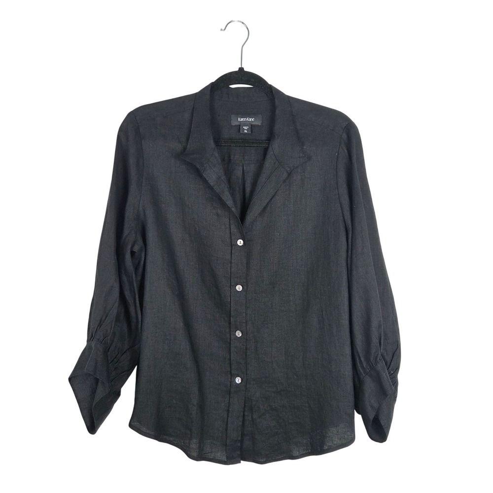 Karen Kane Black Linen Bishop Sleeve Button Down Shirt XL Edwardian Romantic